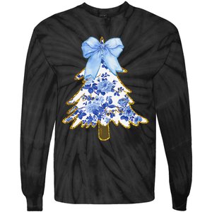 Blue Floral Coquette Bow Christmas Tree Chinoiserie Women Tie-Dye Long Sleeve Shirt