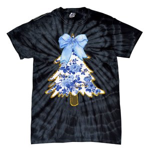 Blue Floral Coquette Bow Christmas Tree Chinoiserie Women Tie-Dye T-Shirt