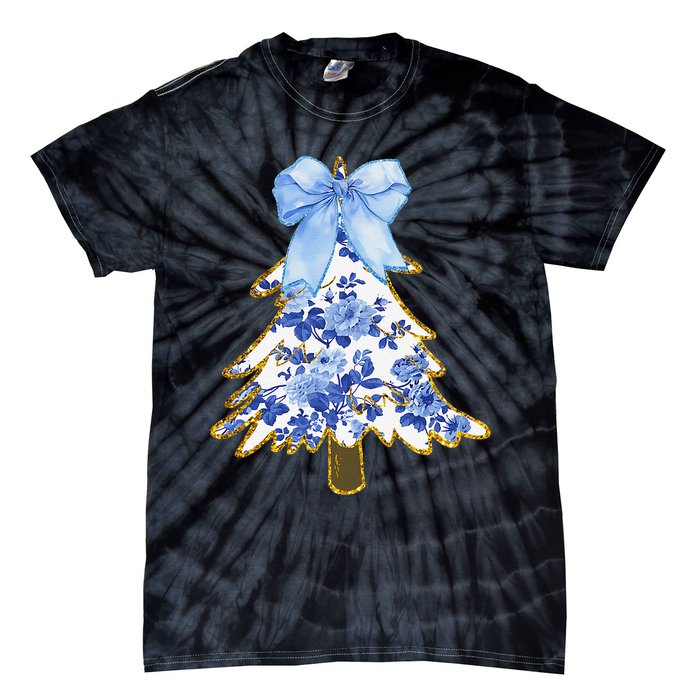 Blue Floral Coquette Bow Christmas Tree Chinoiserie Women Tie-Dye T-Shirt