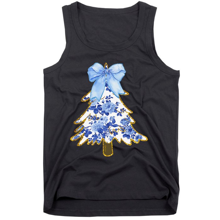 Blue Floral Coquette Bow Christmas Tree Chinoiserie Women Tank Top