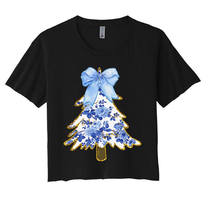 Blue Floral Coquette Bow Christmas Tree Chinoiserie Women Women's Crop Top Tee