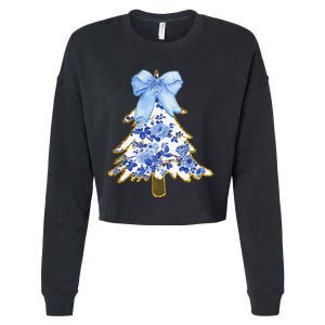 Blue Floral Coquette Bow Christmas Tree Chinoiserie Women Cropped Pullover Crew