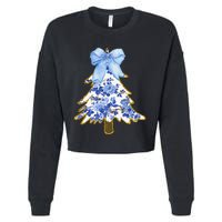 Blue Floral Coquette Bow Christmas Tree Chinoiserie Women Cropped Pullover Crew