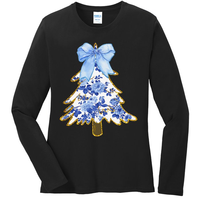 Blue Floral Coquette Bow Christmas Tree Chinoiserie Women Ladies Long Sleeve Shirt