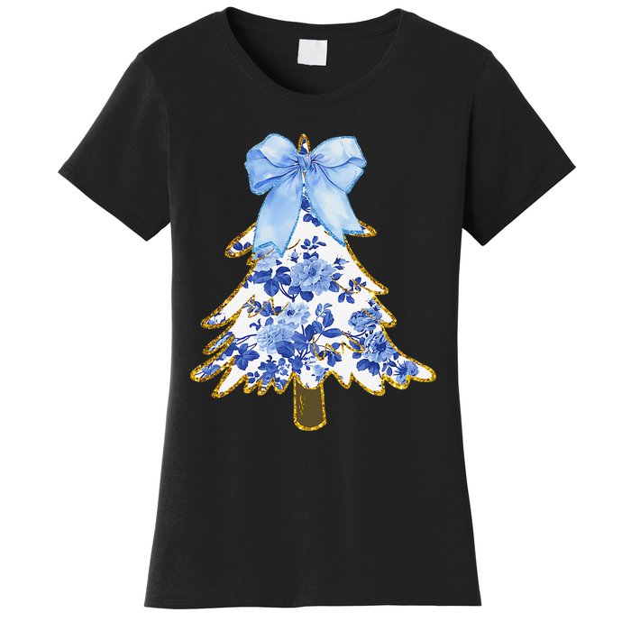 Blue Floral Coquette Bow Christmas Tree Chinoiserie Women Women's T-Shirt