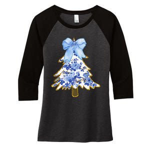 Blue Floral Coquette Bow Christmas Tree Chinoiserie Women Women's Tri-Blend 3/4-Sleeve Raglan Shirt