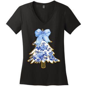 Blue Floral Coquette Bow Christmas Tree Chinoiserie Women Women's V-Neck T-Shirt