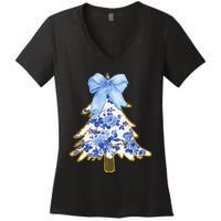 Blue Floral Coquette Bow Christmas Tree Chinoiserie Women Women's V-Neck T-Shirt