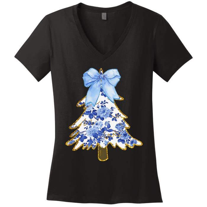 Blue Floral Coquette Bow Christmas Tree Chinoiserie Women Women's V-Neck T-Shirt