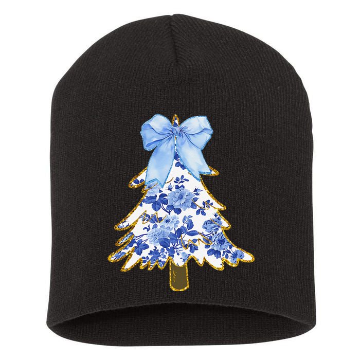 Blue Floral Coquette Bow Christmas Tree Chinoiserie Women Short Acrylic Beanie