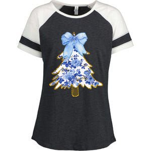 Blue Floral Coquette Bow Christmas Tree Chinoiserie Women Enza Ladies Jersey Colorblock Tee