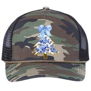 Blue Floral Coquette Bow Christmas Tree Chinoiserie Women Retro Rope Trucker Hat Cap