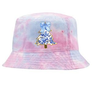 Blue Floral Coquette Bow Christmas Tree Chinoiserie Women Tie-Dyed Bucket Hat