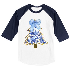 Blue Floral Coquette Bow Christmas Tree Chinoiserie Women Baseball Sleeve Shirt