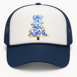 Blue Floral Coquette Bow Christmas Tree Chinoiserie Women Trucker Hat