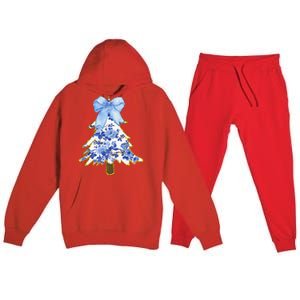 Blue Floral Coquette Bow Christmas Tree Chinoiserie Women Premium Hooded Sweatsuit Set