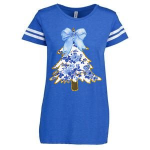 Blue Floral Coquette Bow Christmas Tree Chinoiserie Women Enza Ladies Jersey Football T-Shirt