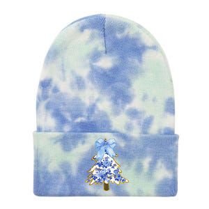 Blue Floral Coquette Bow Christmas Tree Chinoiserie Women Tie Dye 12in Knit Beanie