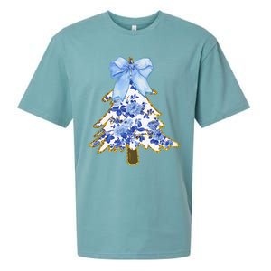 Blue Floral Coquette Bow Christmas Tree Chinoiserie Women Sueded Cloud Jersey T-Shirt