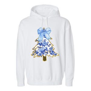 Blue Floral Coquette Bow Christmas Tree Chinoiserie Women Garment-Dyed Fleece Hoodie