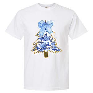 Blue Floral Coquette Bow Christmas Tree Chinoiserie Women Garment-Dyed Heavyweight T-Shirt