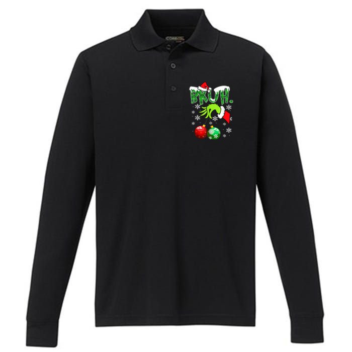 Bruh Funny Christmas Plaid Performance Long Sleeve Polo