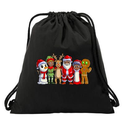 Black Family Christmas Afro African American Santa Xmas Long Sleeve Drawstring Bag