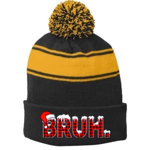 Bruh Funny Christmas Plaid Teens Xmas Pajamas Stripe Pom Pom Beanie