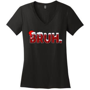 Bruh Funny Christmas Plaid Teens Xmas Pajamas Women's V-Neck T-Shirt