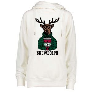 Brewdolph Funny Christmas Reindeer Holiday Coffee Great Gift Womens Funnel Neck Pullover Hood