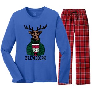 Brewdolph Funny Christmas Reindeer Holiday Coffee Great Gift Women's Long Sleeve Flannel Pajama Set 