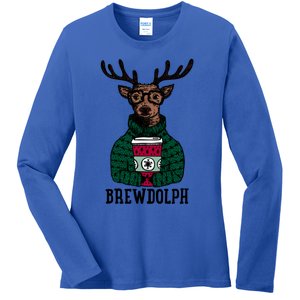 Brewdolph Funny Christmas Reindeer Holiday Coffee Great Gift Ladies Long Sleeve Shirt