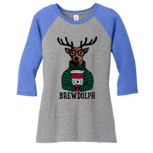 Brewdolph Funny Christmas Reindeer Holiday Coffee Great Gift Women's Tri-Blend 3/4-Sleeve Raglan Shirt