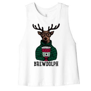 Brewdolph Funny Christmas Reindeer Holiday Coffee Great Gift Women's Racerback Cropped Tank