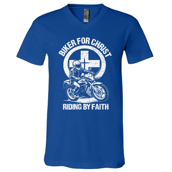 Biker For Christ Riding By Faith Gift V-Neck T-Shirt