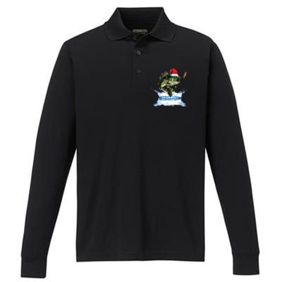 Bass Fishing Christmas Santa Hat Fishing Lover Fisherman Performance Long Sleeve Polo