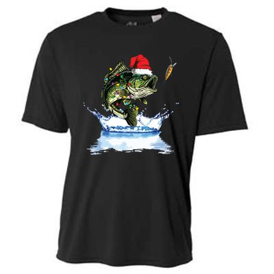 Bass Fishing Christmas Santa Hat Fishing Lover Fisherman Cooling Performance Crew T-Shirt