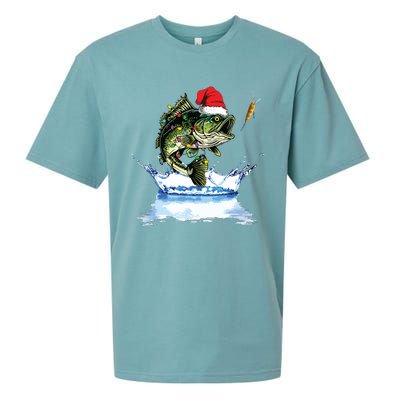 Bass Fishing Christmas Santa Hat Fishing Lover Fisherman Sueded Cloud Jersey T-Shirt