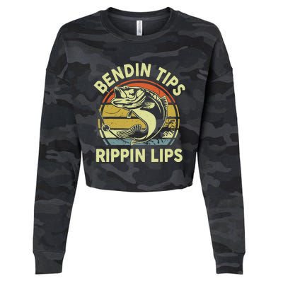 Bass Fish Dad Bendin Tips Rippin Lips Funny Papa Fishing Cropped Pullover Crew