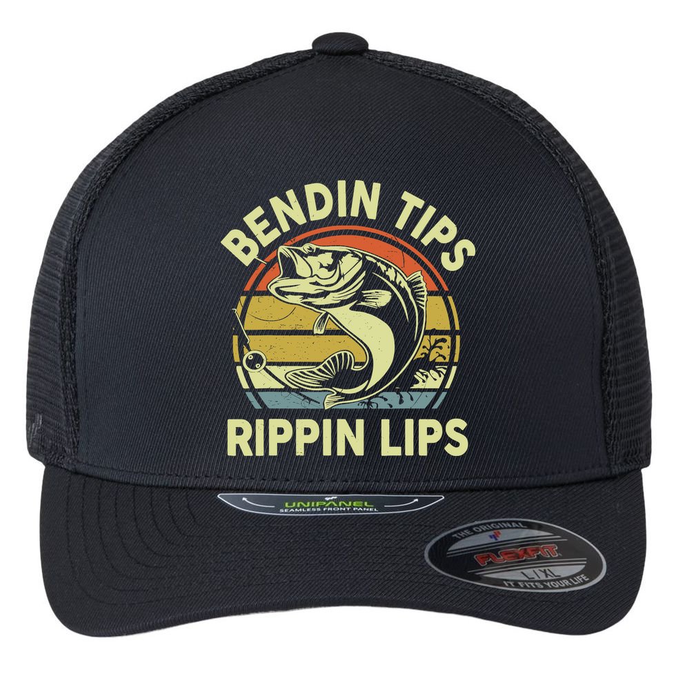 Bass Fish Dad Bendin Tips Rippin Lips Funny Papa Fishing Flexfit Unipanel Trucker Cap