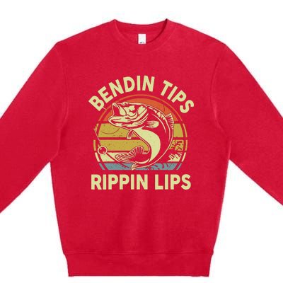 Bass Fish Dad Bendin Tips Rippin Lips Funny Papa Fishing Premium Crewneck Sweatshirt