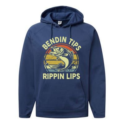 Bass Fish Dad Bendin Tips Rippin Lips Funny Papa Fishing Performance Fleece Hoodie