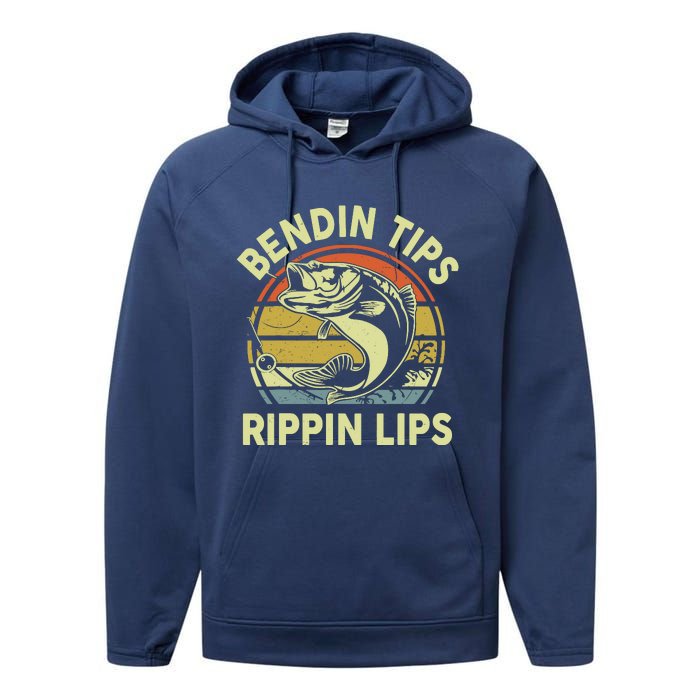 Bass Fish Dad Bendin Tips Rippin Lips Funny Papa Fishing Performance Fleece Hoodie