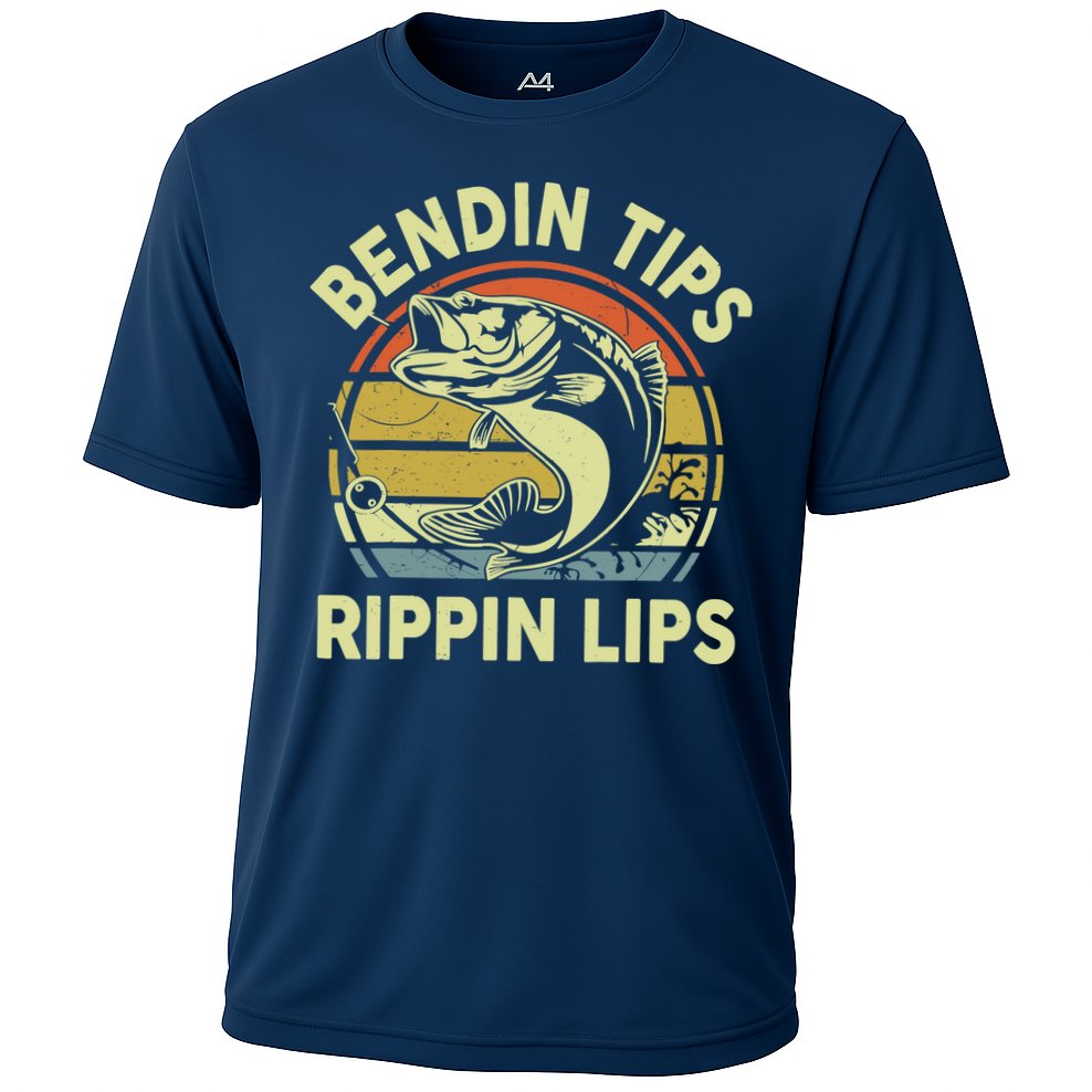 Bass Fish Dad Bendin Tips Rippin Lips Funny Papa Fishing Cooling Performance Crew T-Shirt