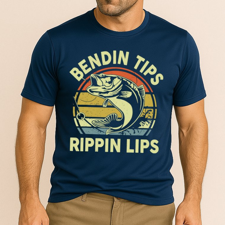 Bass Fish Dad Bendin Tips Rippin Lips Funny Papa Fishing Cooling Performance Crew T-Shirt