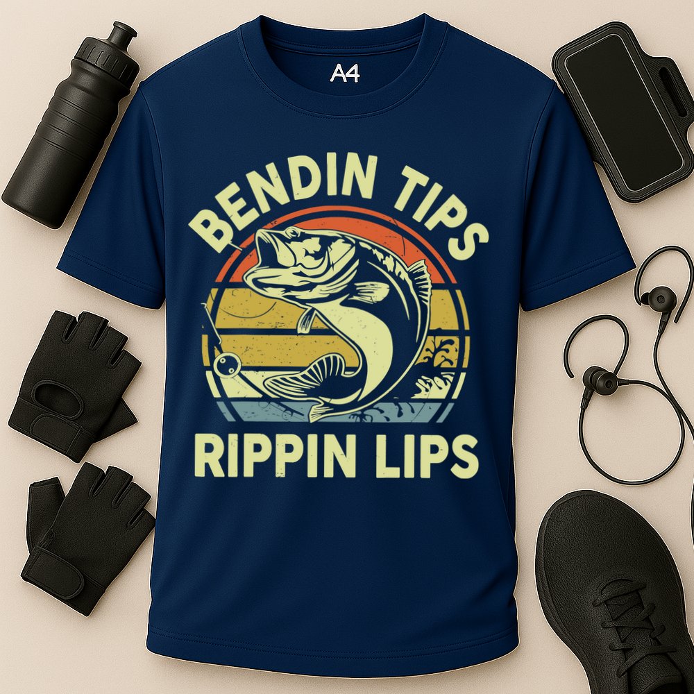 Bass Fish Dad Bendin Tips Rippin Lips Funny Papa Fishing Cooling Performance Crew T-Shirt