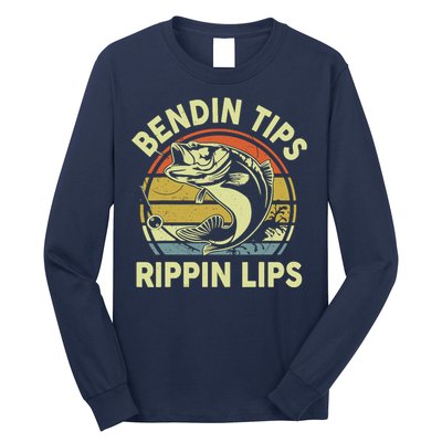 Bass Fish Dad Bendin Tips Rippin Lips Funny Papa Fishing Long Sleeve Shirt