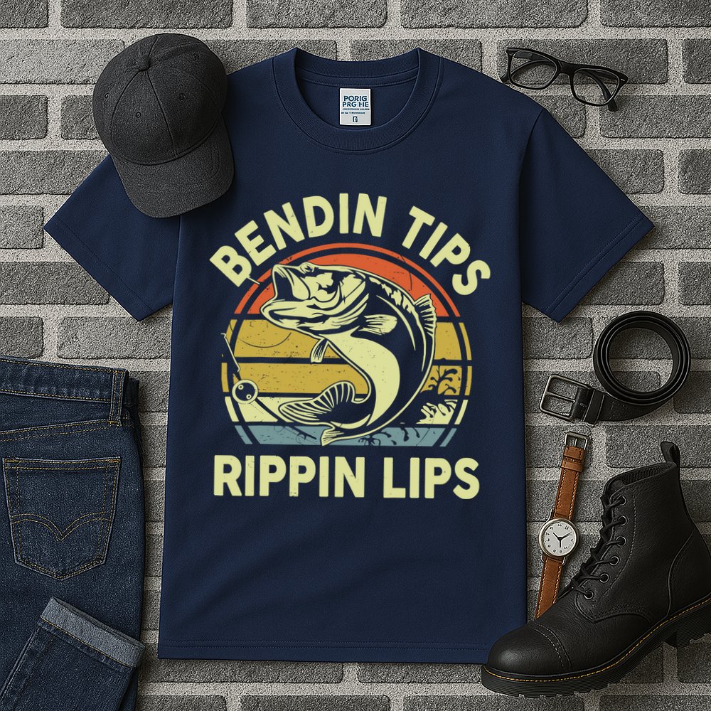 Bass Fish Dad Bendin Tips Rippin Lips Funny Papa Fishing Tall T-Shirt