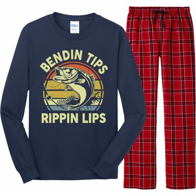 Bass Fish Dad Bendin Tips Rippin Lips Funny Papa Fishing Long Sleeve Pajama Set