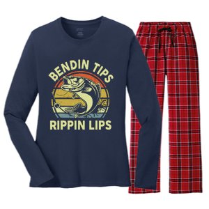 Bass Fish Dad Bendin Tips Rippin Lips Funny Papa Fishing Women's Long Sleeve Flannel Pajama Set 